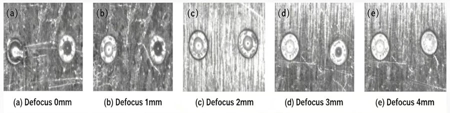 Weld spot appearance versus defocus amount Weld spot appearance versus defocus amount